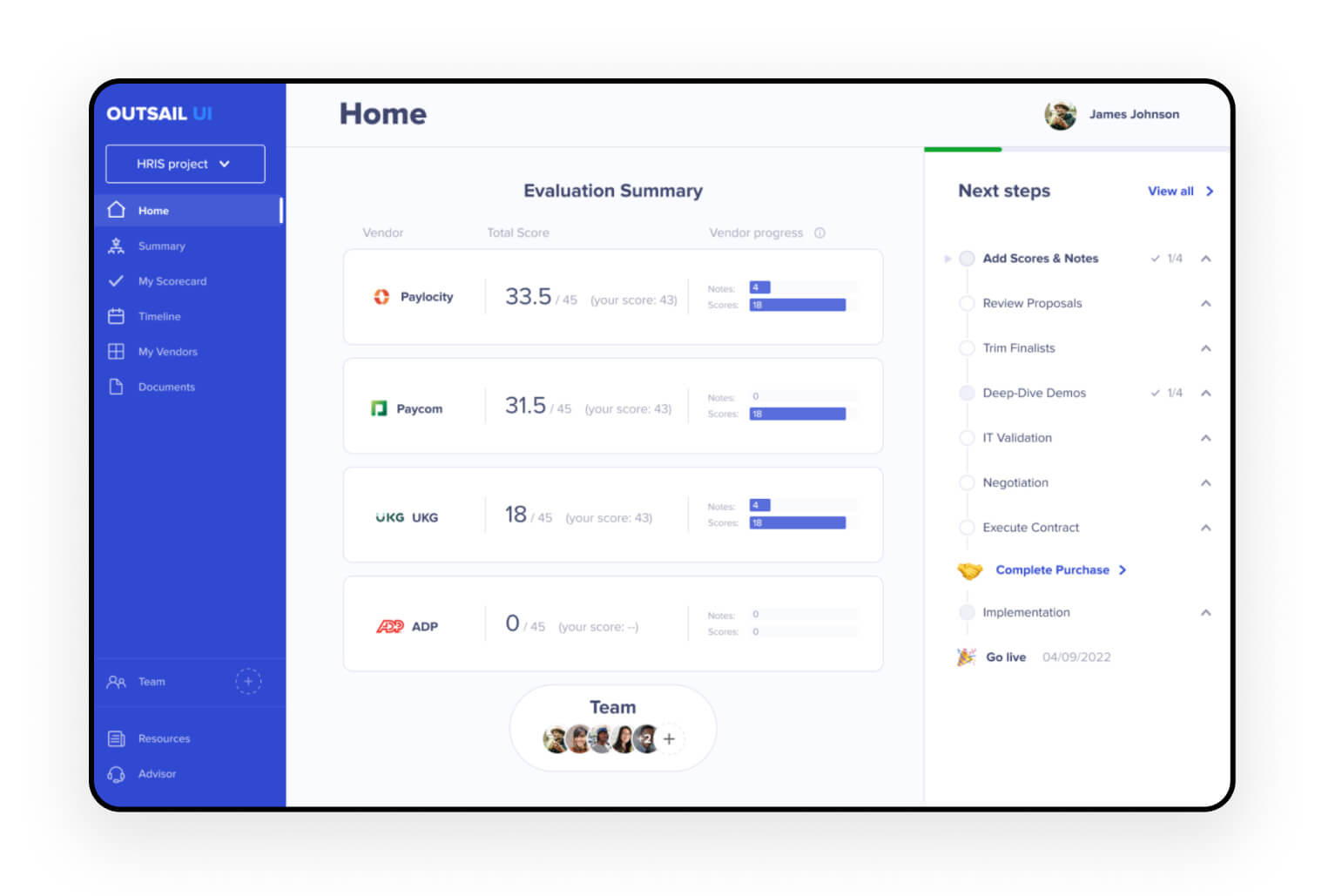 Outsail UI - Vendor Selection Platform showing Home dashboard and My Scorecard interface