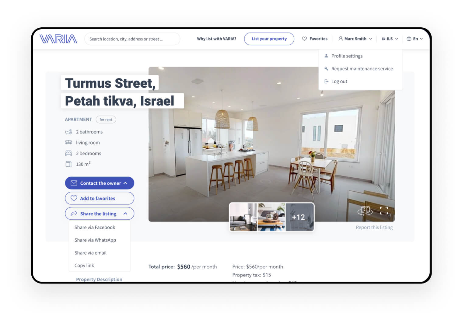 Varia Real Estate Platform showing homepage search interface and property details page with 360° virtual tour capabilities